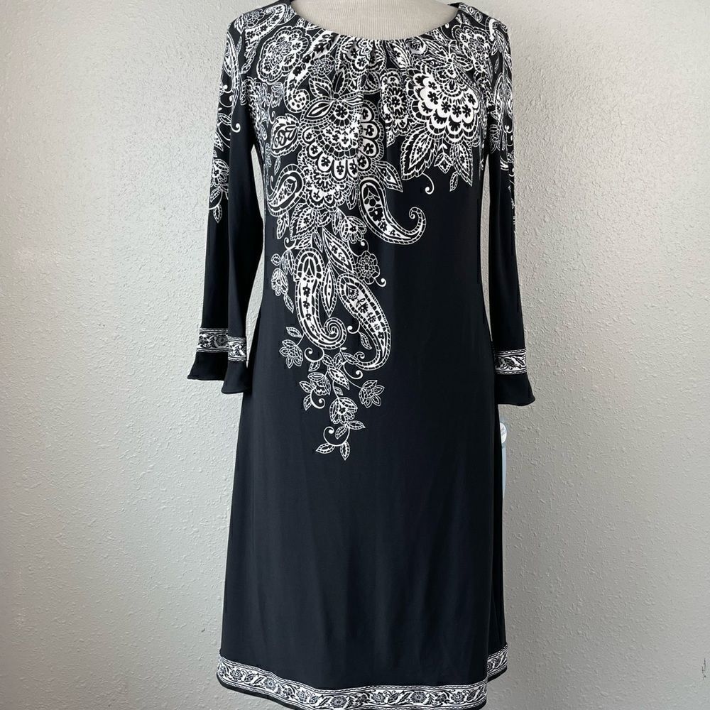 NWT London Times Black and White Flora and Paisley Midi Dress Size 10